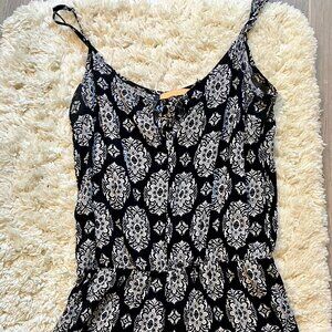 Black Romper with Grey and White Geometric Floral Pattern